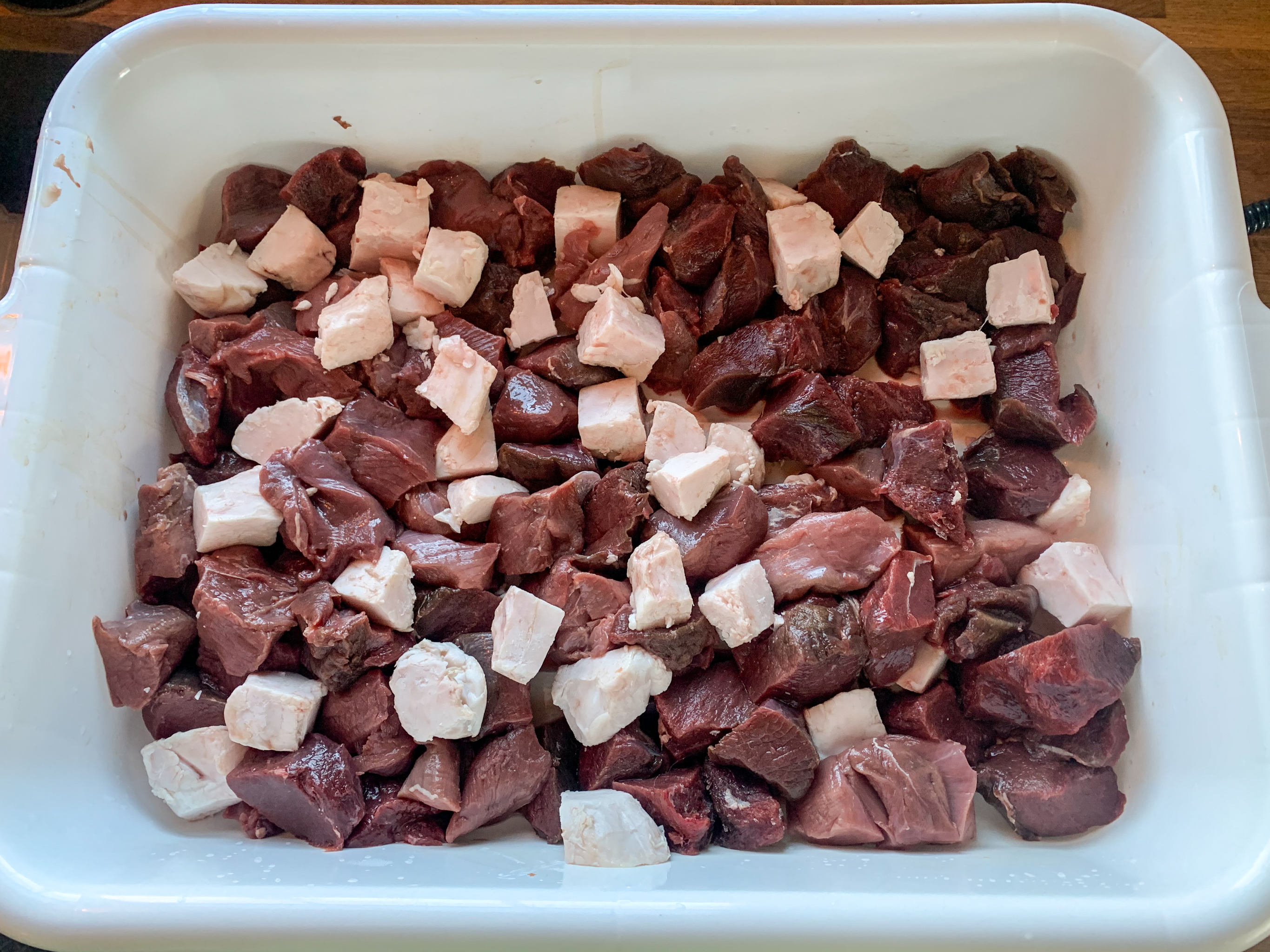 Cubed venison and pork fat