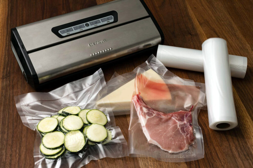 Vacuum_sealer_with_food_sealed_on_wooden_table_and_rolls_of_plastic_for_sealing