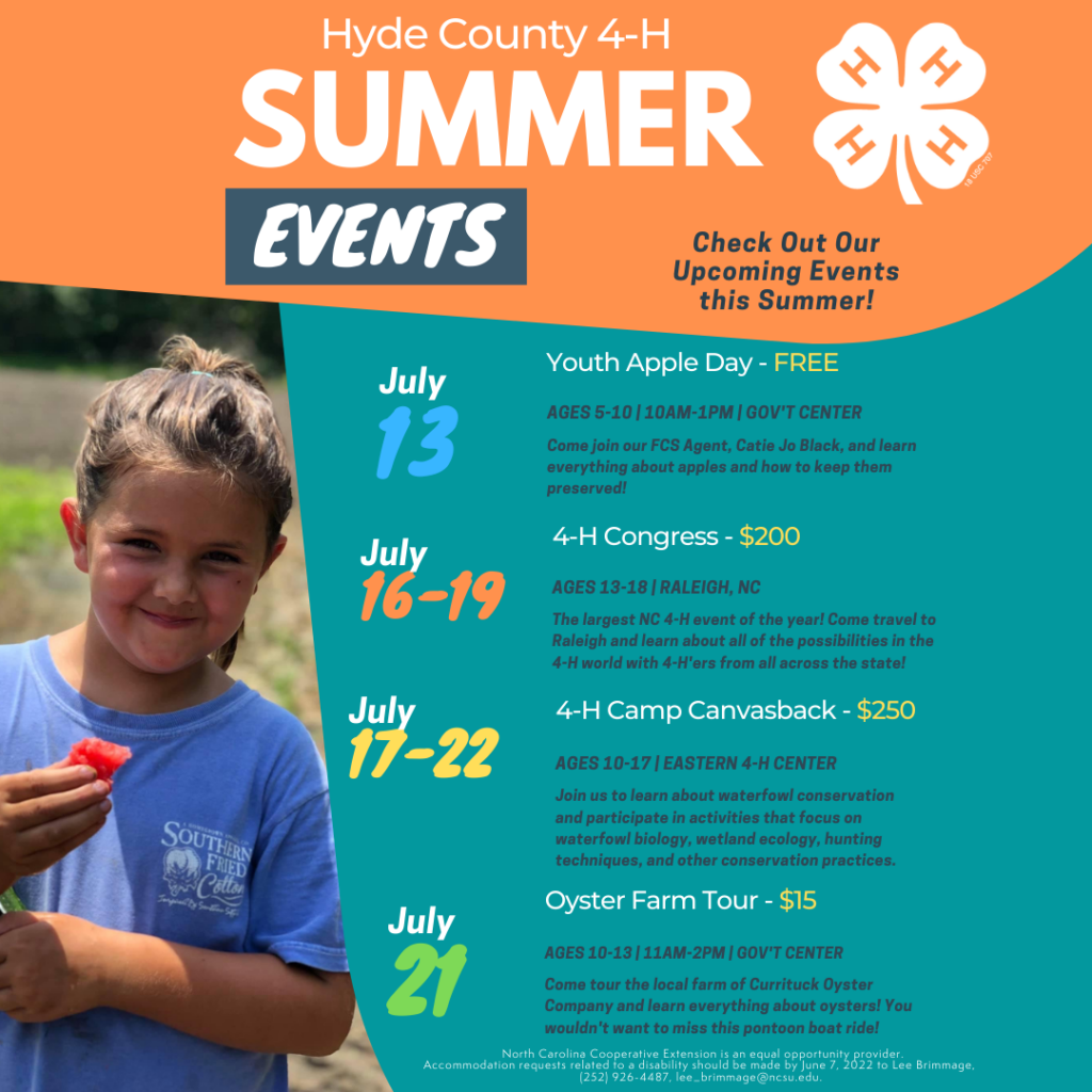A flyer for the Hyde County 4-H Summer Events.