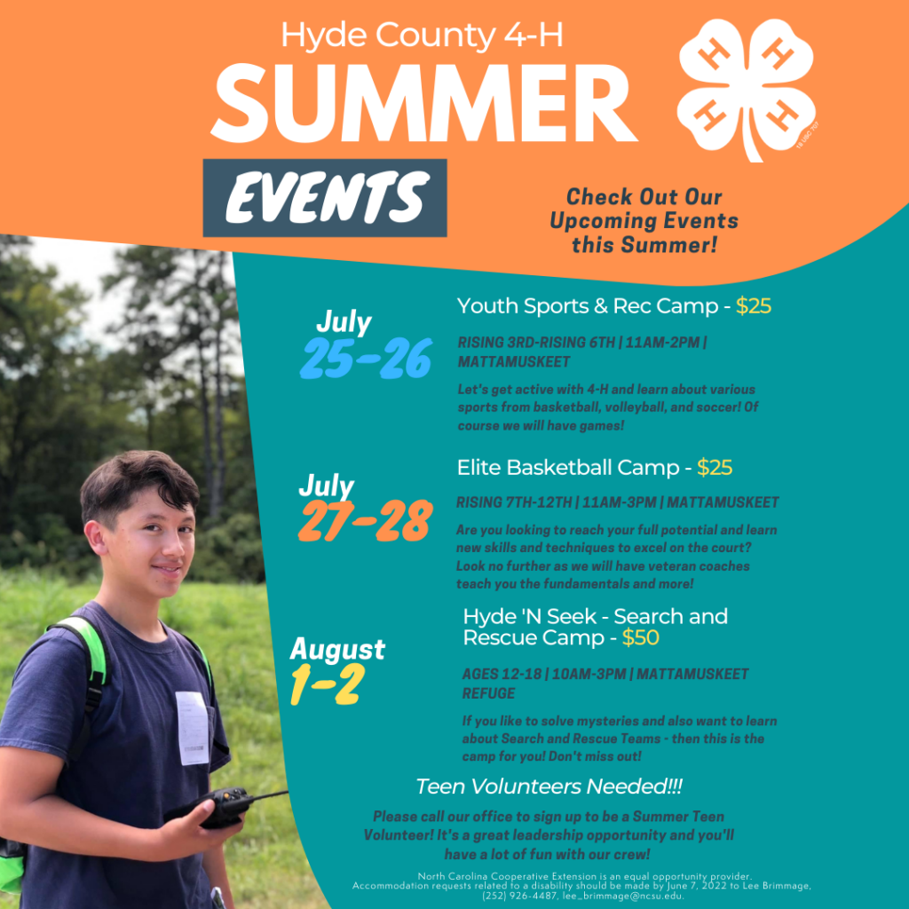 A flyer for the Hyde County 4-H Summer Events.
